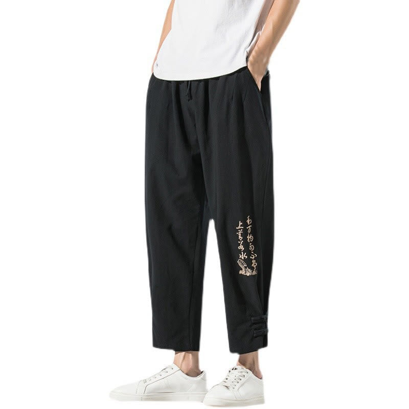 Buddha Stones Summer Chinese Characters Embroidery Men's Cotton Linen Pants With Pockets - image 19