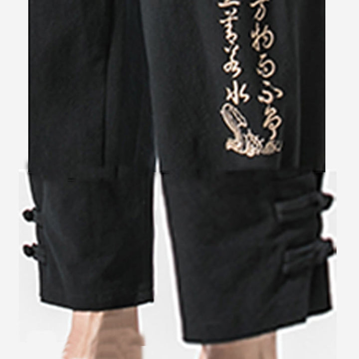 Buddha Stones Summer Chinese Characters Embroidery Men's Cotton Linen Pants With Pockets - image 6