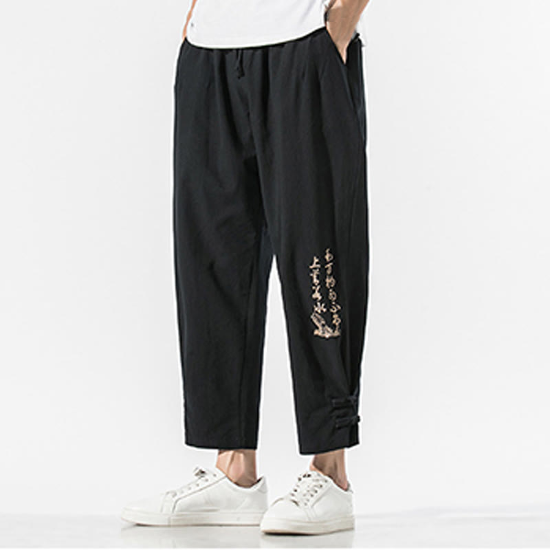 Buddha Stones Summer Chinese Characters Embroidery Men's Cotton Linen Pants With Pockets - image 1
