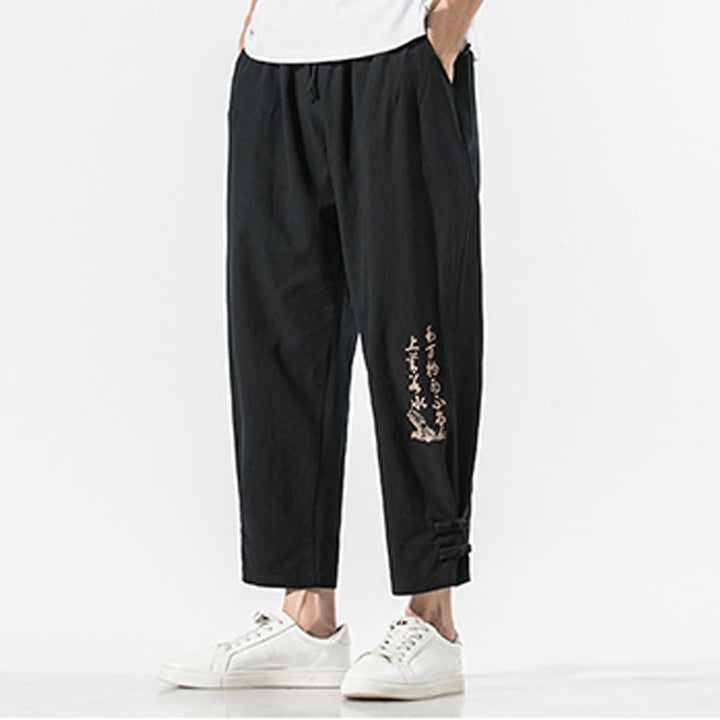 Buddha Stones Summer Chinese Characters Embroidery Men's Cotton Linen Pants With Pockets - image 1