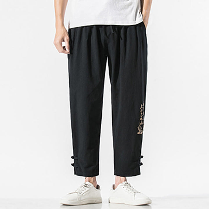 Buddha Stones Summer Chinese Characters Embroidery Men's Cotton Linen Pants With Pockets - image 3