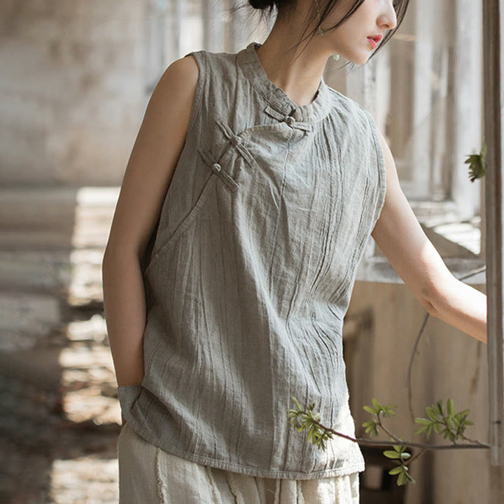 Buddha Stones Summer Tie-dye Frog-Button Ramie Cotton Sleeveless Women's Vest - LightGrey - US4，UK/AU8，EU36 (F) - image 20