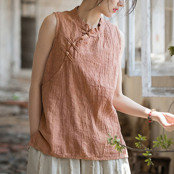 Buddha Stones Summer Tie-dye Frog-Button Ramie Cotton Sleeveless Women's Vest - PeachPuff - US4，UK/AU8，EU36 (F) - image 1