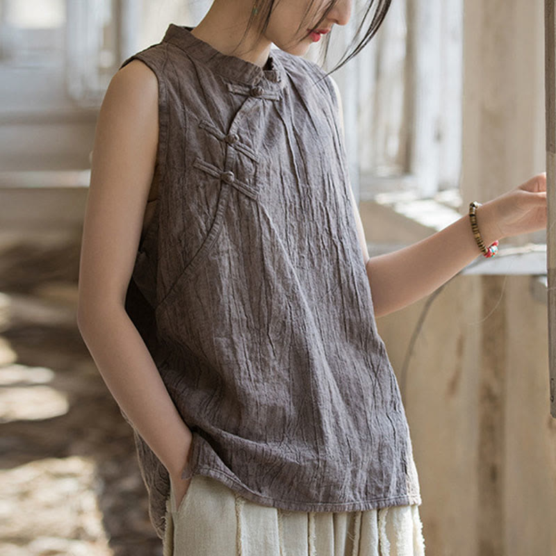 Buddha Stones Summer Tie-dye Frog-Button Ramie Cotton Sleeveless Women's Vest - Tan - US4，UK/AU8，EU36 (F) - image 13