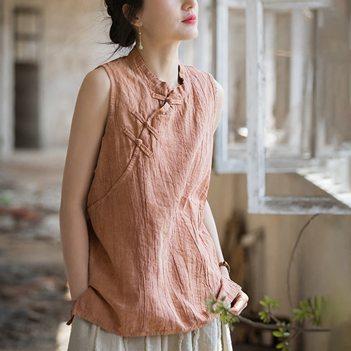 Buddha Stones Summer Tie-dye Frog-Button Ramie Cotton Sleeveless Women's Vest - image 3