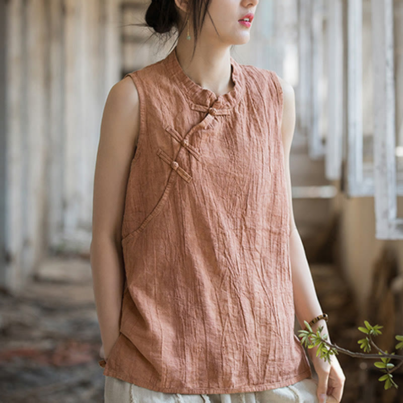 Buddha Stones Summer Tie-dye Frog-Button Ramie Cotton Sleeveless Women's Vest - image 6