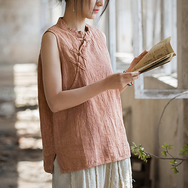 Buddha Stones Summer Tie-dye Frog-Button Ramie Cotton Sleeveless Women's Vest - image 4