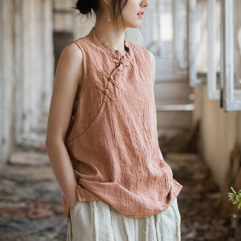 Buddha Stones Summer Tie-dye Frog-Button Ramie Cotton Sleeveless Women's Vest - image 8