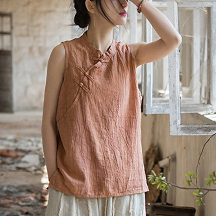 Buddha Stones Summer Tie-dye Frog-Button Ramie Cotton Sleeveless Women's Vest - image 9