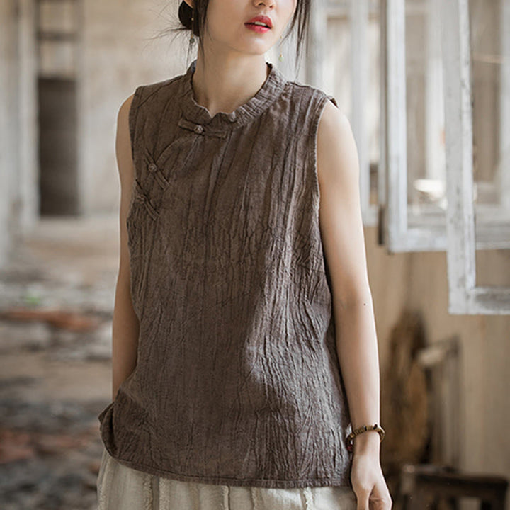 Buddha Stones Summer Tie-dye Frog-Button Ramie Cotton Sleeveless Women's Vest - image 19