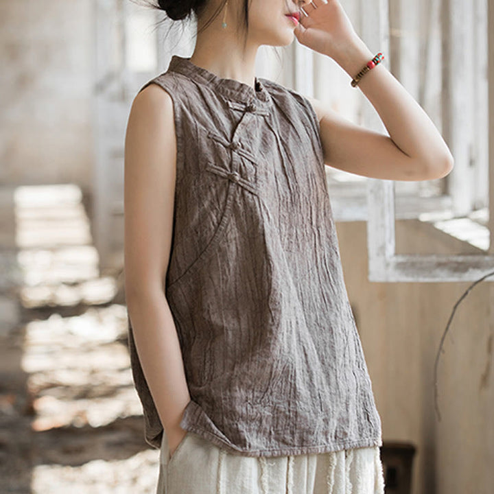 Buddha Stones Summer Tie-dye Frog-Button Ramie Cotton Sleeveless Women's Vest - image 18