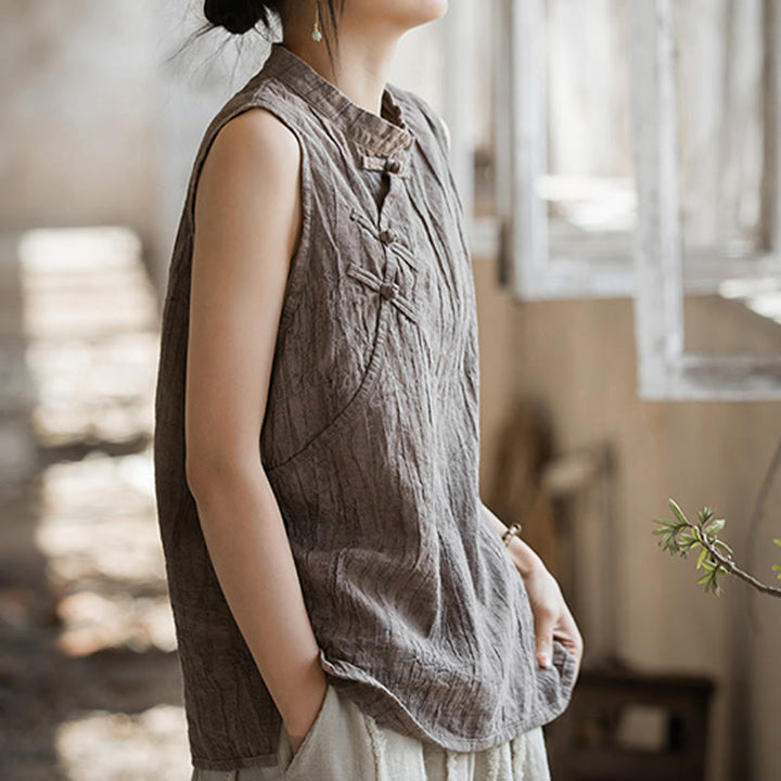 Buddha Stones Summer Tie-dye Frog-Button Ramie Cotton Sleeveless Women's Vest - image 15