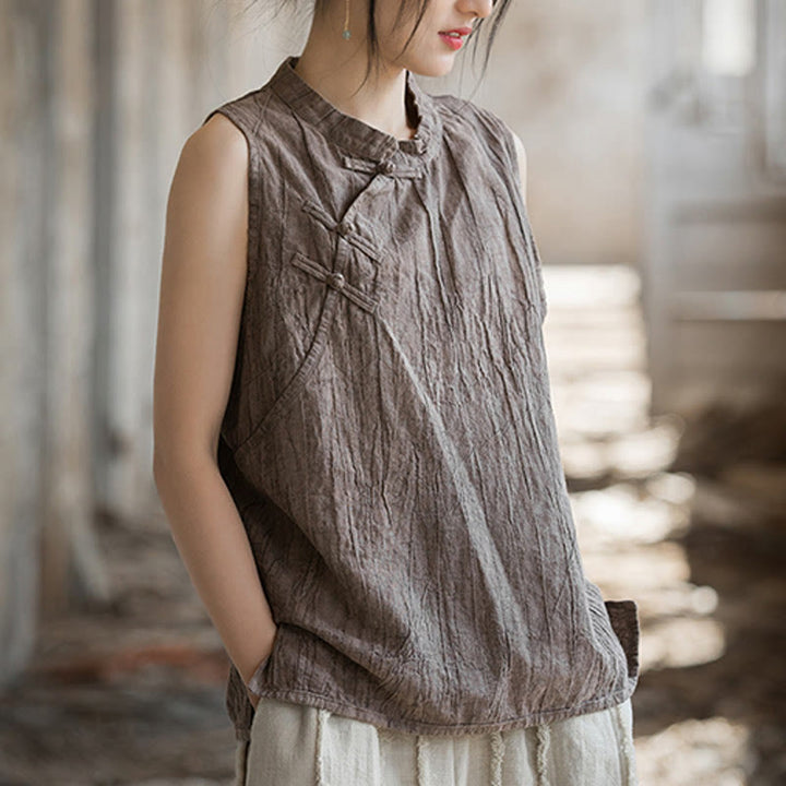 Buddha Stones Summer Tie-dye Frog-Button Ramie Cotton Sleeveless Women's Vest - image 16