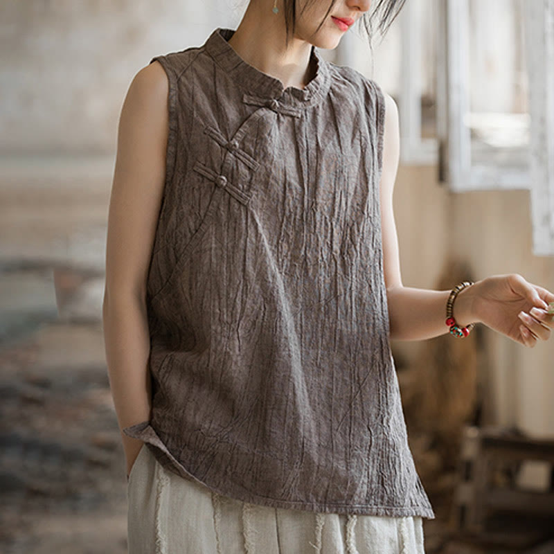 Buddha Stones Summer Tie-dye Frog-Button Ramie Cotton Sleeveless Women's Vest - image 14