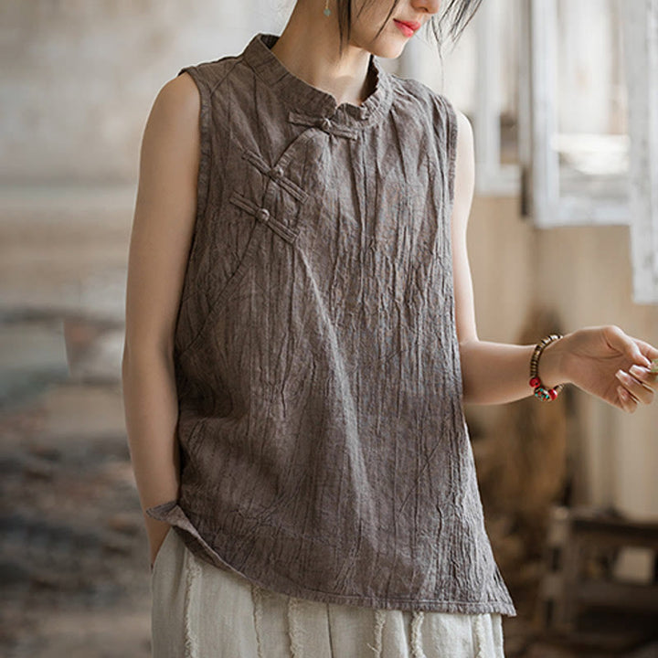 Buddha Stones Summer Tie-dye Frog-Button Ramie Cotton Sleeveless Women's Vest - image 14