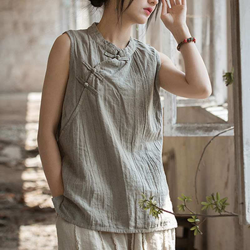 Buddha Stones Summer Tie-dye Frog-Button Ramie Cotton Sleeveless Women's Vest - image 22