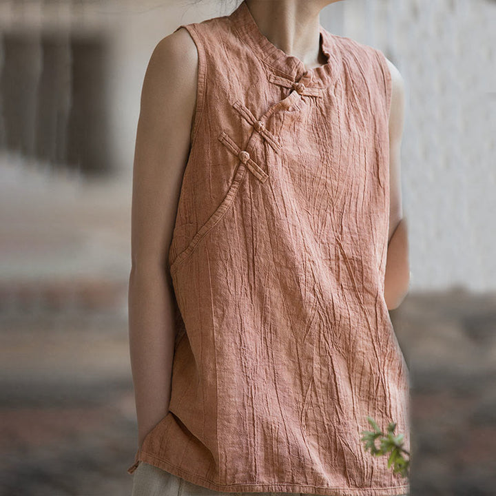 Buddha Stones Summer Tie-dye Frog-Button Ramie Cotton Sleeveless Women's Vest - image 10