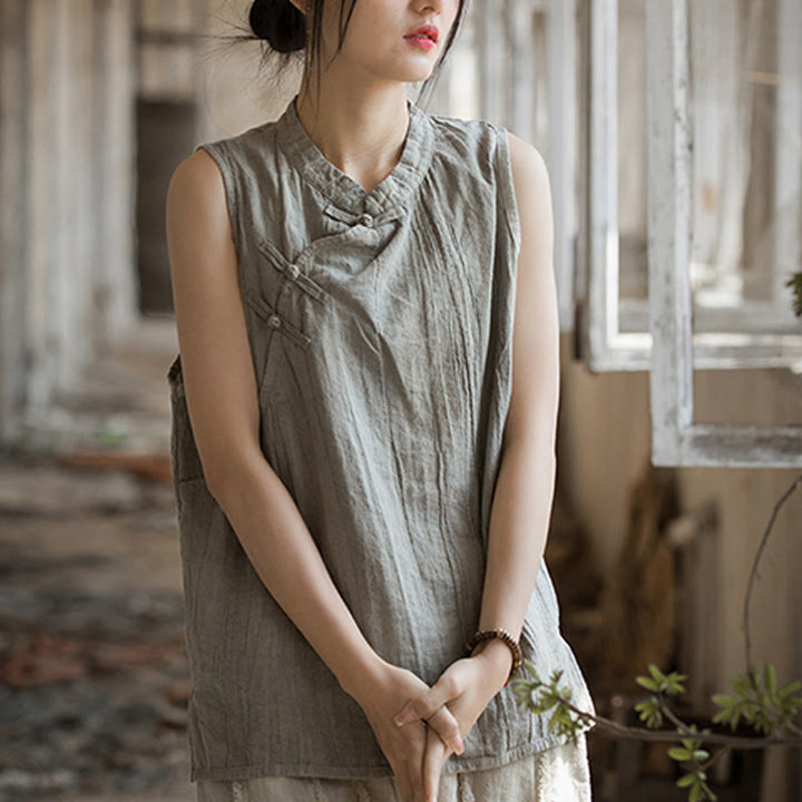 Buddha Stones Summer Tie-dye Frog-Button Ramie Cotton Sleeveless Women's Vest - image 21