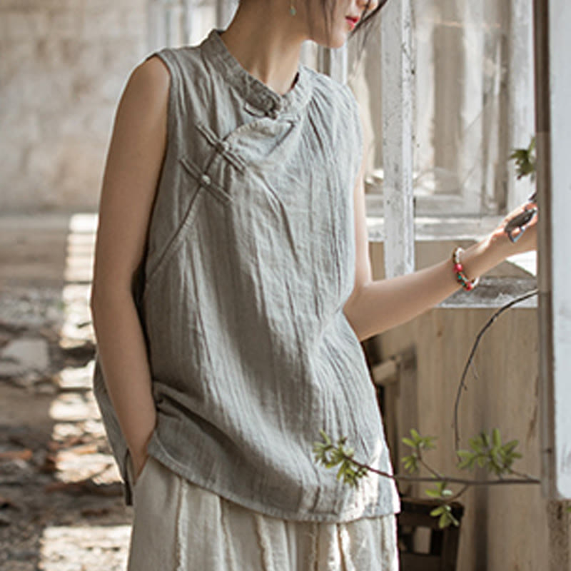 Buddha Stones Summer Tie-dye Frog-Button Ramie Cotton Sleeveless Women's Vest - image 24