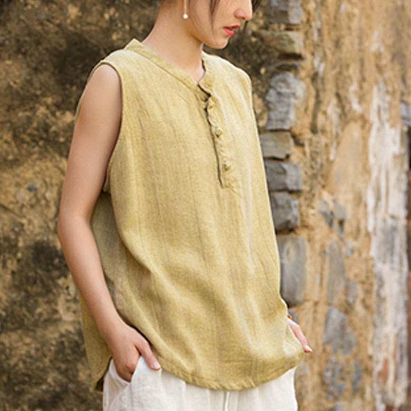 Buddha Stones Summer Tie-dye Buttons Linen Sleeveless Women's Vest - image 3