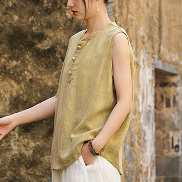 Buddha Stones Summer Tie-dye Buttons Linen Sleeveless Women's Vest - image 4