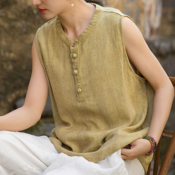 Buddha Stones Summer Tie-dye Buttons Linen Sleeveless Women's Vest - image 6