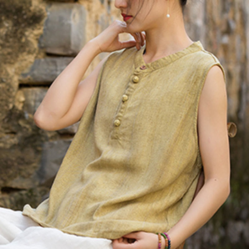 Buddha Stones Summer Tie-dye Buttons Linen Sleeveless Women's Vest - image 7