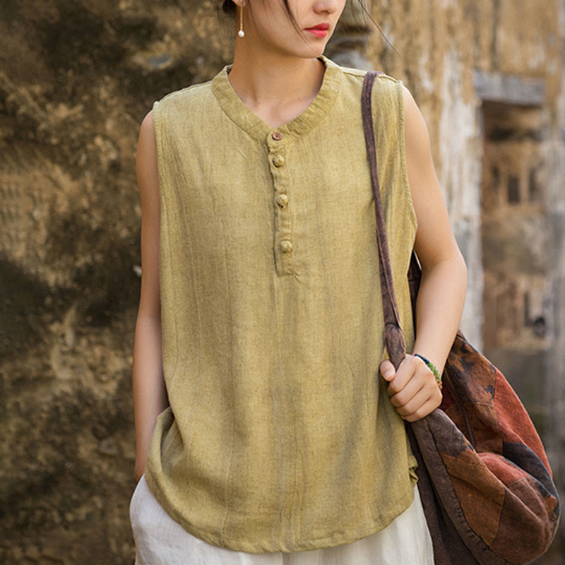 Buddha Stones Summer Tie-dye Buttons Linen Sleeveless Women's Vest - image 2