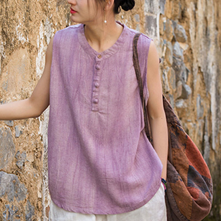 Buddha Stones Summer Tie-dye Buttons Linen Sleeveless Women's Vest - image 16