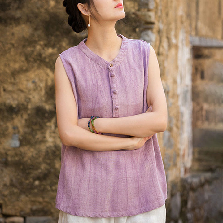 Buddha Stones Summer Tie-dye Buttons Linen Sleeveless Women's Vest - image 11