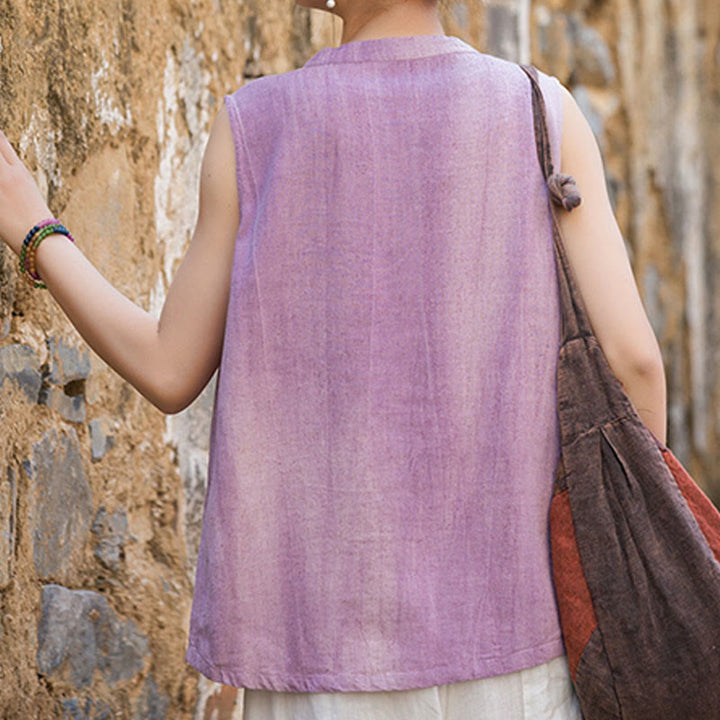 Buddha Stones Summer Tie-dye Buttons Linen Sleeveless Women's Vest - image 12