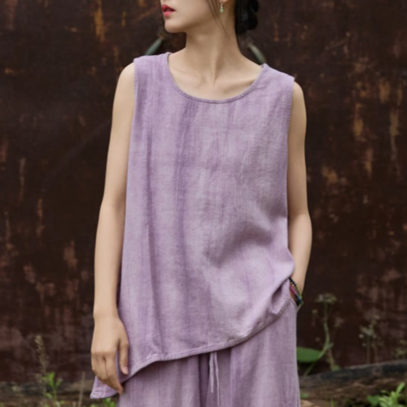 Buddha Stones Summer Tie-dye Linen Crew Neck Sleeveless Women's Vest - Plum - US4，UK/AU8，EU36 (F) - image 1