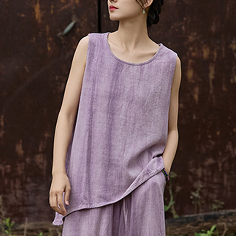 Buddha Stones Summer Tie-dye Linen Crew Neck Sleeveless Women's Vest - image 4