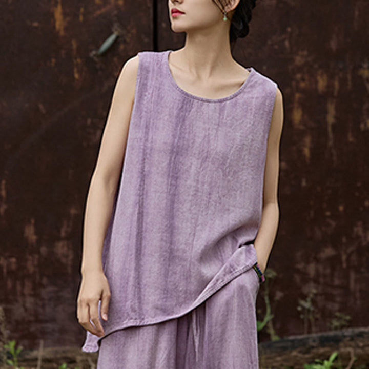 Buddha Stones Summer Tie-dye Linen Crew Neck Sleeveless Women's Vest - image 4