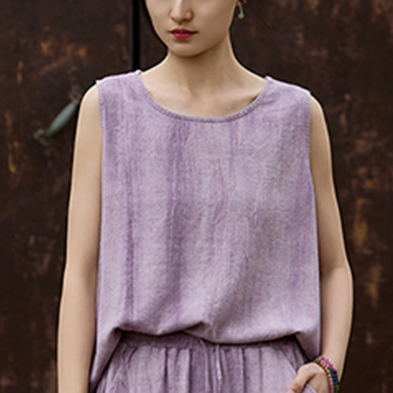 Buddha Stones Summer Tie-dye Linen Crew Neck Sleeveless Women's Vest - image 6