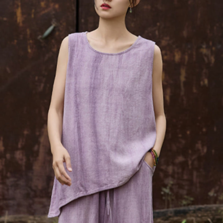 Buddha Stones Summer Tie-dye Linen Crew Neck Sleeveless Women's Vest - image 5