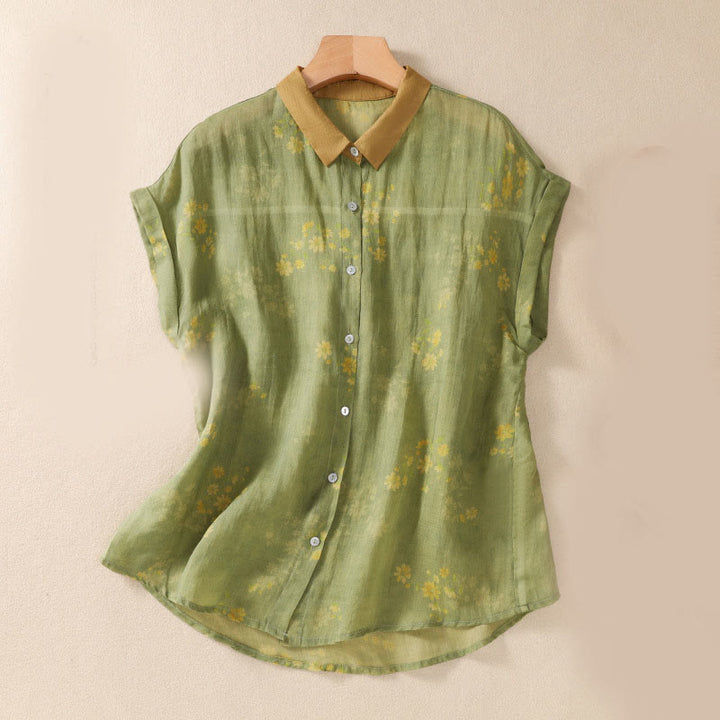 Buddha Stones Small Yellow Flower Leaves Buttons Short Sleeve Women's Shirt - YellowGreen - US8-10，UK/AU12-14，EU40-42 (2XL) - image 0