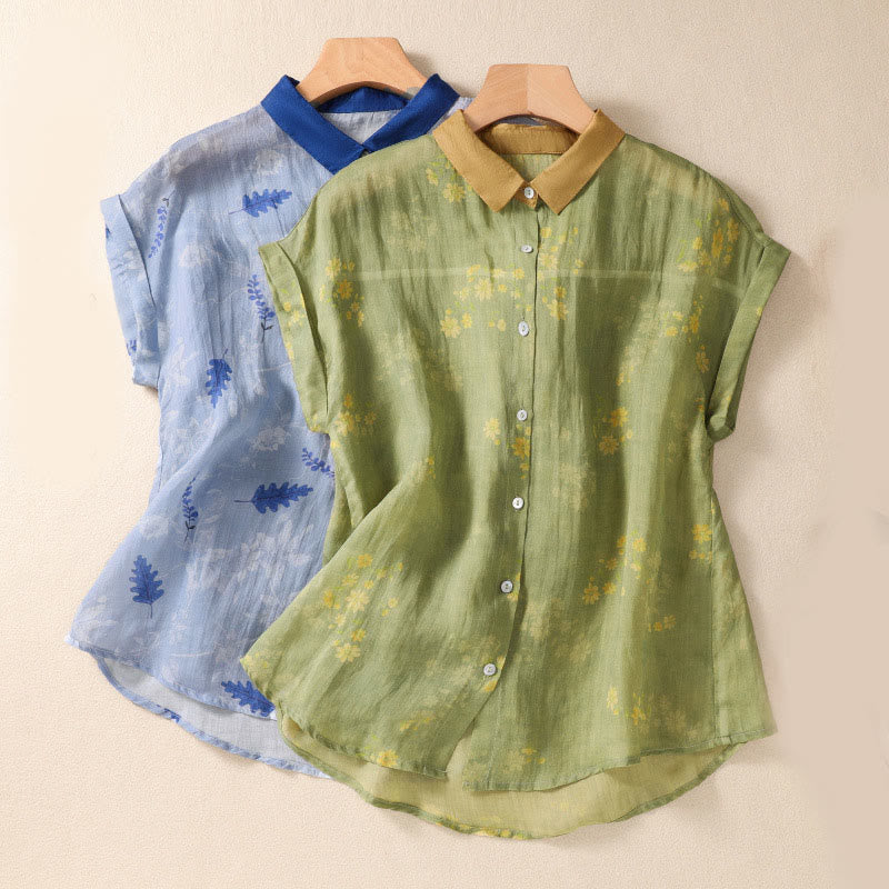 Buddha Stones Small Yellow Flower Leaves Buttons Short Sleeve Women's Shirt - image 1