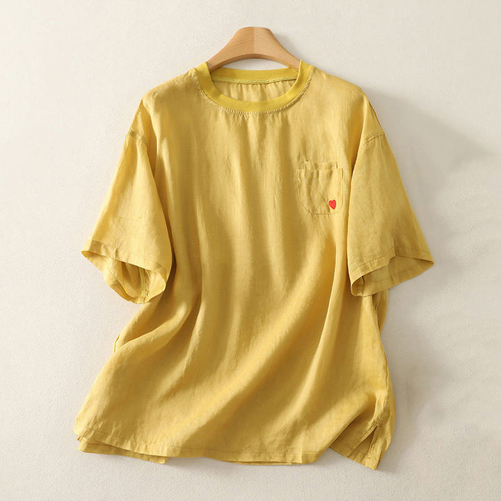 Buddha Stones Casual Embroidery Red Heart Short Sleeve Women's Cotton Linen T-Shirt - Gold - US14，UK/AU18，EU46 (2XL) - image 9