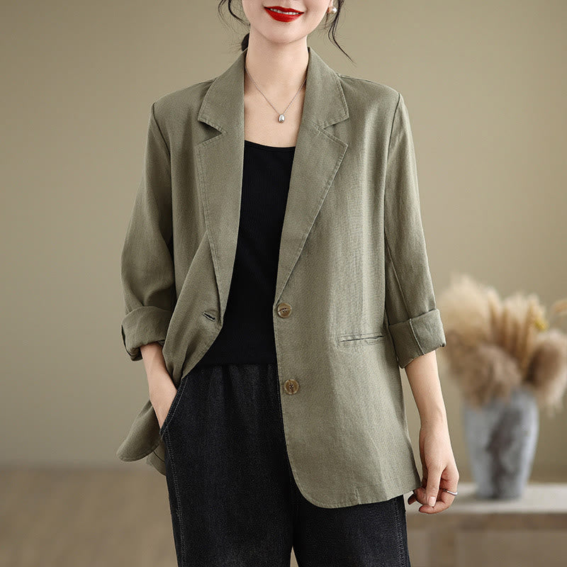 Buddha Stones Spring Solid Color Long Sleeve Cotton Linen Women's Jacket With Pockets - OliveDrab - US8-10，UK/AU12-14，EU40-42 (2XL) - image 24
