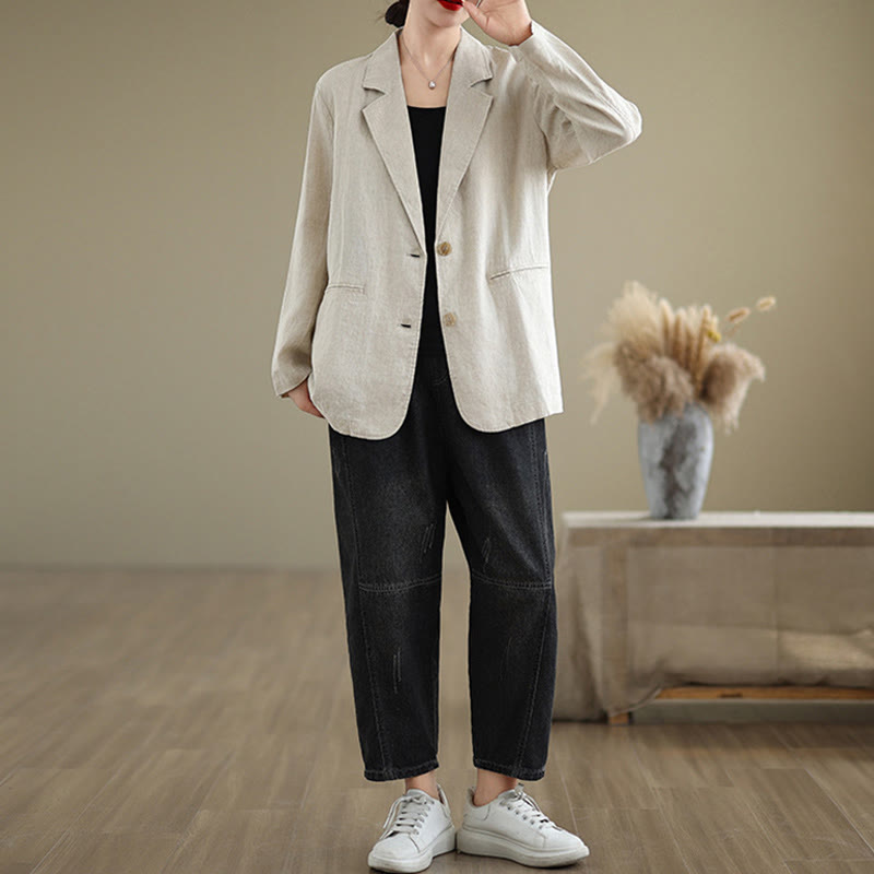 Buddha Stones Spring Solid Color Long Sleeve Cotton Linen Women's Jacket With Pockets - image 4