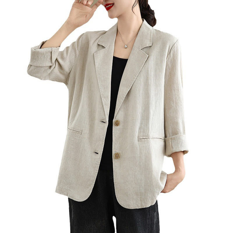 Buddha Stones Spring Solid Color Long Sleeve Cotton Linen Women's Jacket With Pockets - image 7
