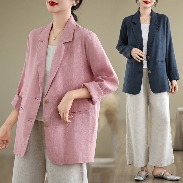 Buddha Stones Spring Solid Color Long Sleeve Cotton Linen Women's Jacket With Pockets - image 36