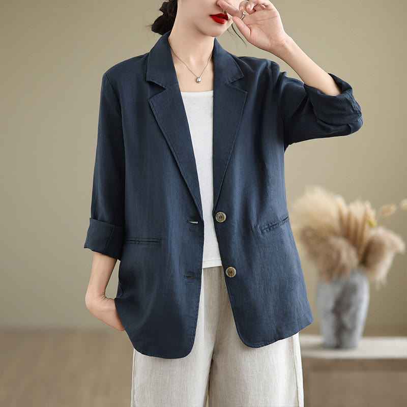 Buddha Stones Spring Solid Color Long Sleeve Cotton Linen Women's Jacket With Pockets - MidnightBlue - US8-10，UK/AU12-14，EU40-42 (2XL) - image 14