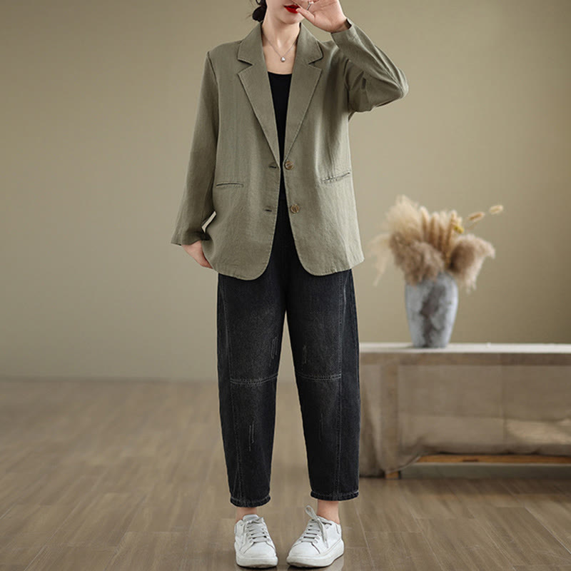 Buddha Stones Spring Solid Color Long Sleeve Cotton Linen Women's Jacket With Pockets - image 27