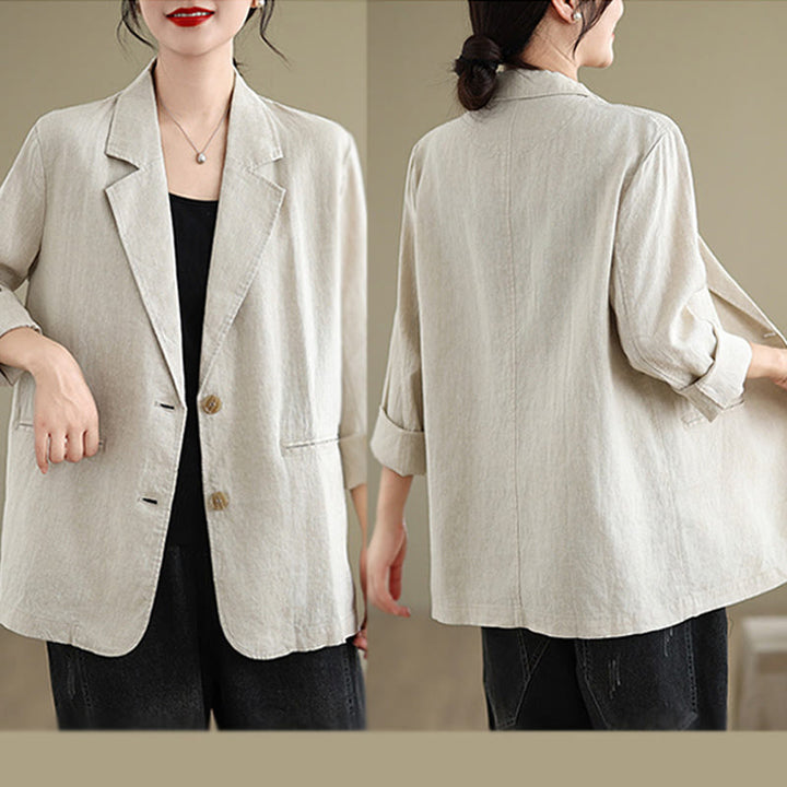 Buddha Stones Spring Solid Color Long Sleeve Cotton Linen Women's Jacket With Pockets - image 7