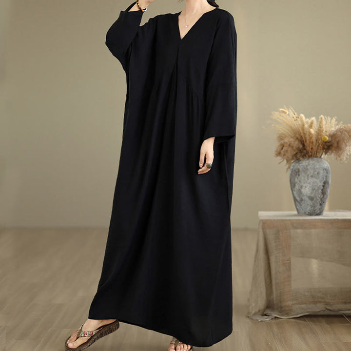 Buddha Stones Fall Pure Color V-Neck Long Sleeve Cotton Midi Dress - image 2