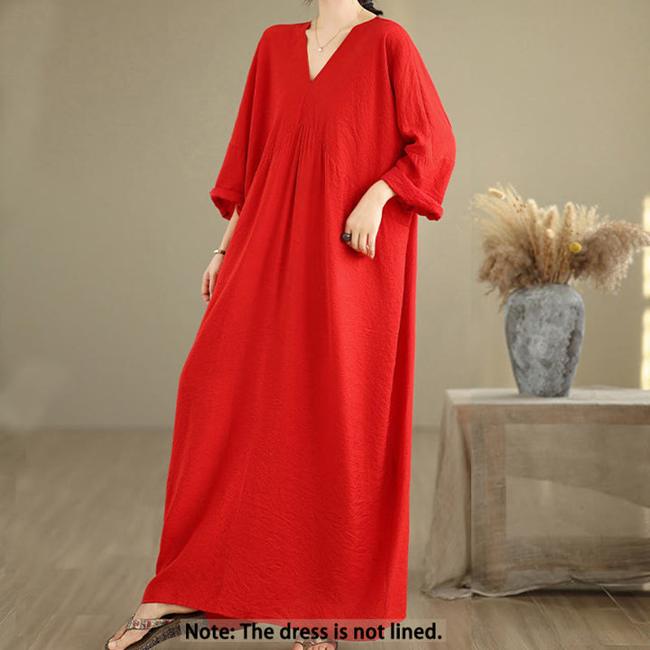 Buddha Stones Fall Pure Color V-Neck Long Sleeve Cotton Midi Dress - image 9
