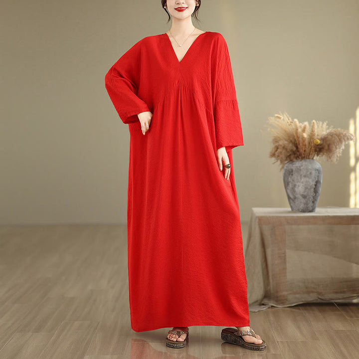Buddha Stones Fall Pure Color V-Neck Long Sleeve Cotton Midi Dress - Red - US4-12，UK/AU8-18，EU36-46(F) - image 8
