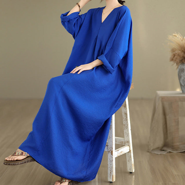 Buddha Stones Fall Pure Color V-Neck Long Sleeve Cotton Midi Dress - image 16